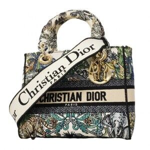 Christian Dior Lady Canvas Handbag, White Multicolor Champagne, 2-way bag for...